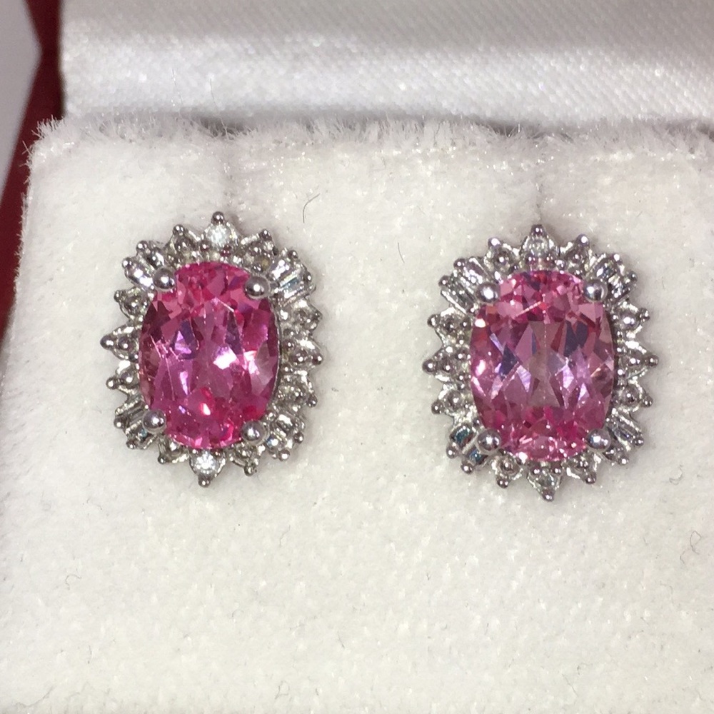 Solid 10K (not 14K ) White Gold Oval Pink Sapphire Diamond Halo Stud Earrings